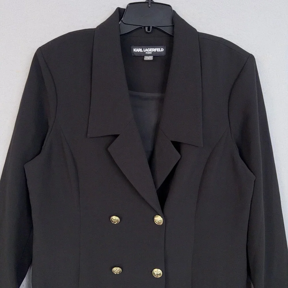 Karl Lagerfeld Blazer Dress Womens 16 Black Ruffle Hem Double Breasted Career